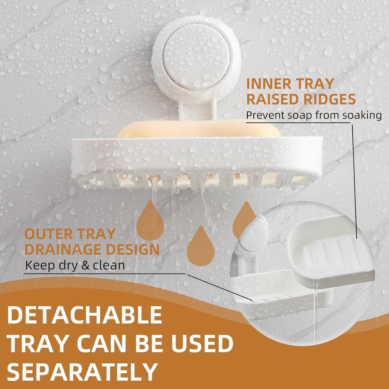 Soap Dish Holder for Shower Suction Cup Wall Mounted Self Draining No-Drilling Removable Bar Soap Sponge Holder for Bathroom Bathtub Kitchen Sink Waterproof Strong Vacuum Suction Adhesion