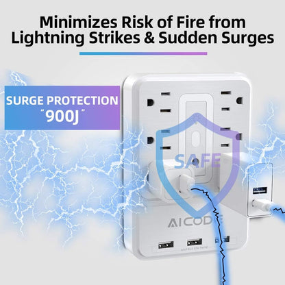 Multi Plug Outlet Extender, 6 Outlet Surge Outlet Protector with 3 USB Charger(3.2A Total),Wall Outlet Plug Electrical Outlet with 6 Ambient RGB Light , Plug Extender for Home,Office,Dorm,Hotel