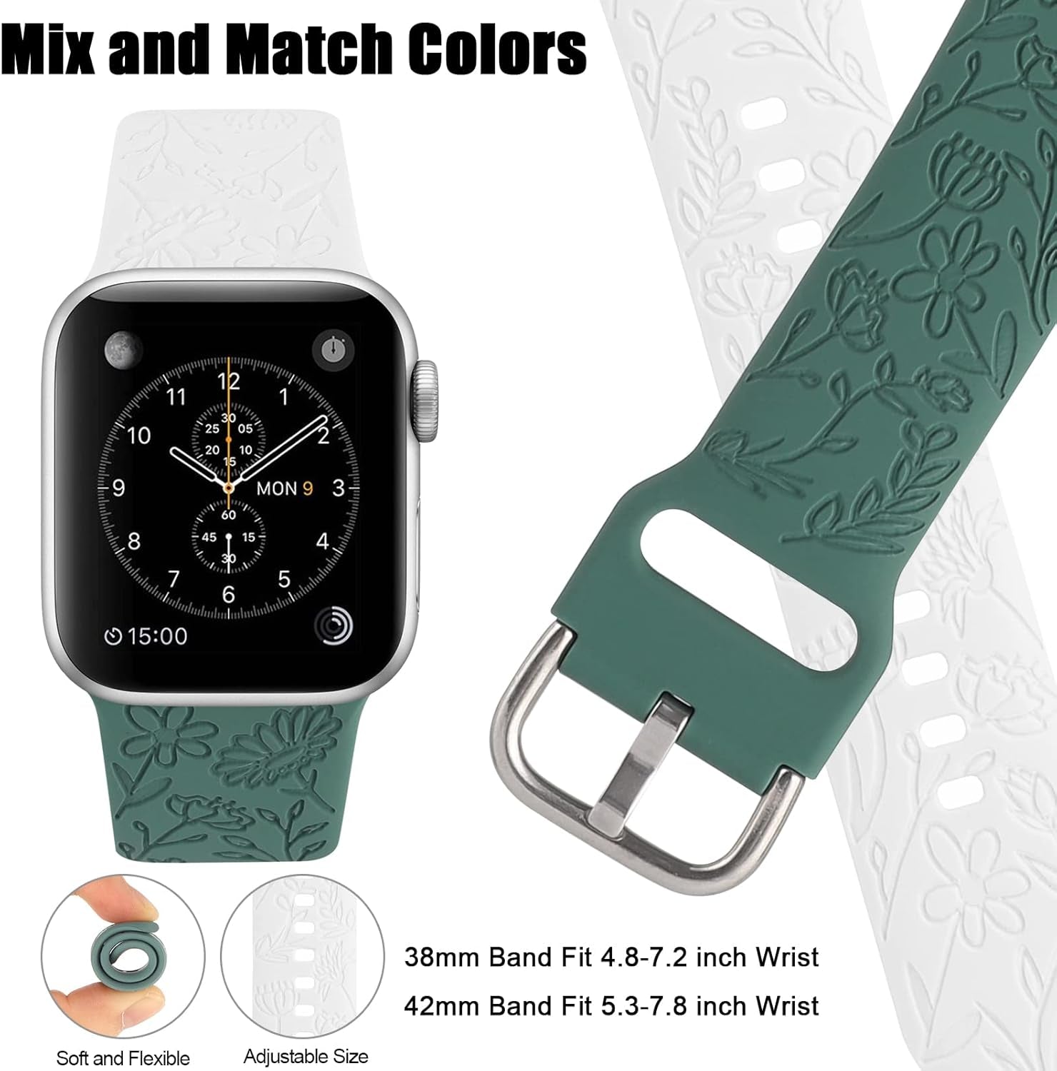 2 Pack Flower Engraved Sport Strap Compatible with Apple Watch Bands 38Mm 40Mm 41Mm, Women Floral Laser Soft Silicone Wristband Replacement Iwatch Series 10 9 8 7 6 5 4 3 2 1 SE